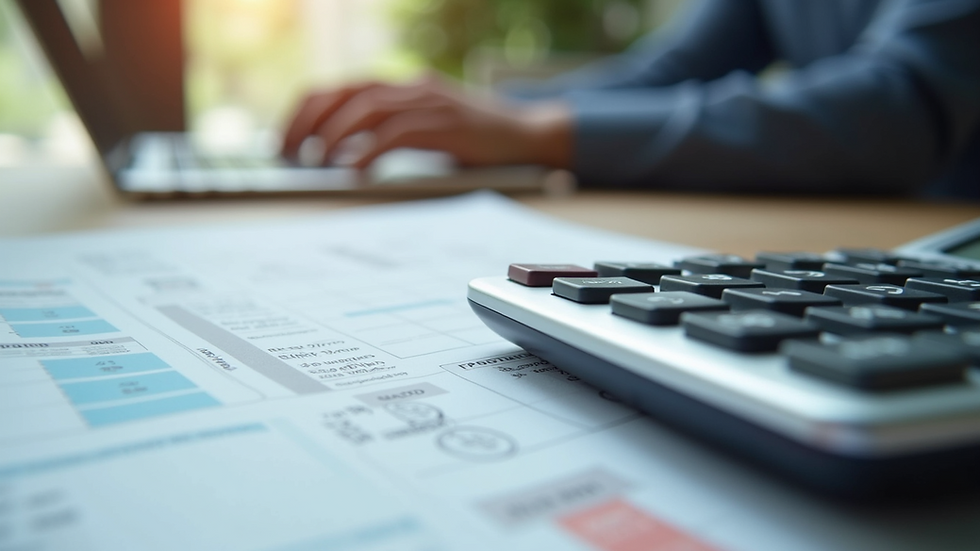 Close-up view of a calculator and tax documents on a desk