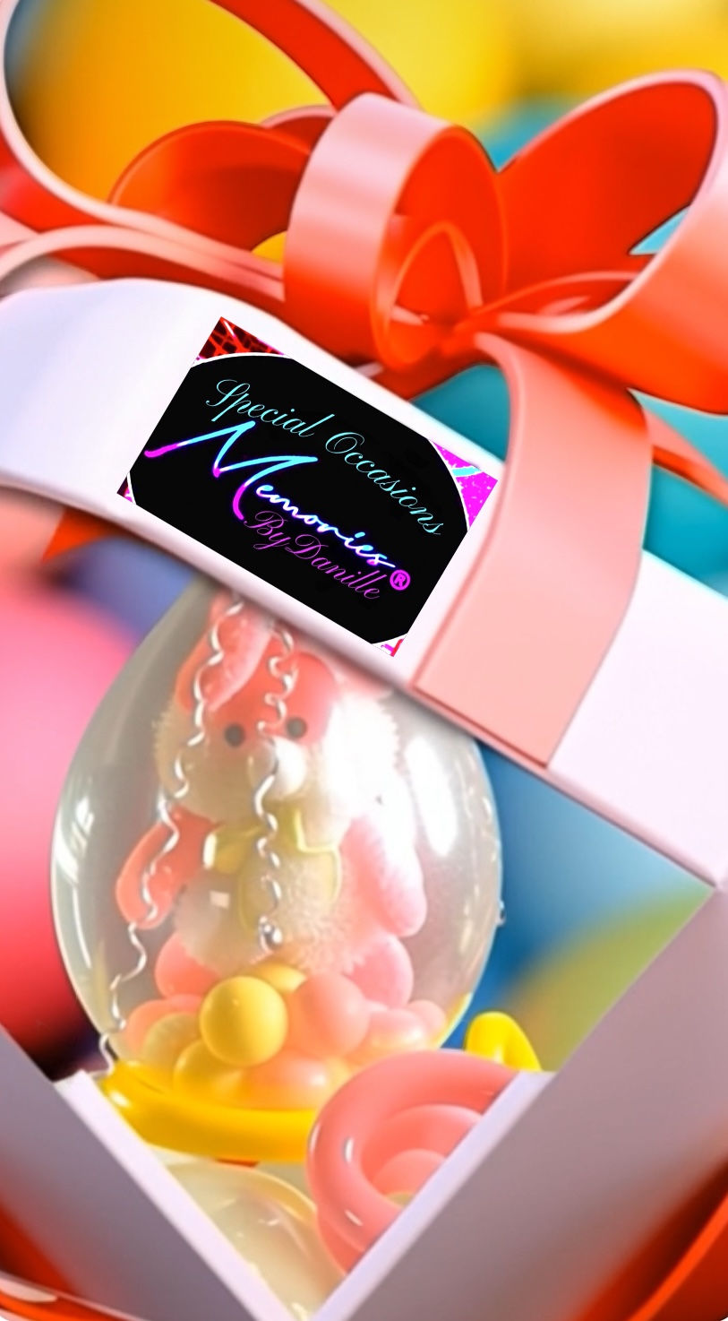 Plush stuffed bunny in balloon popping out of gift box.