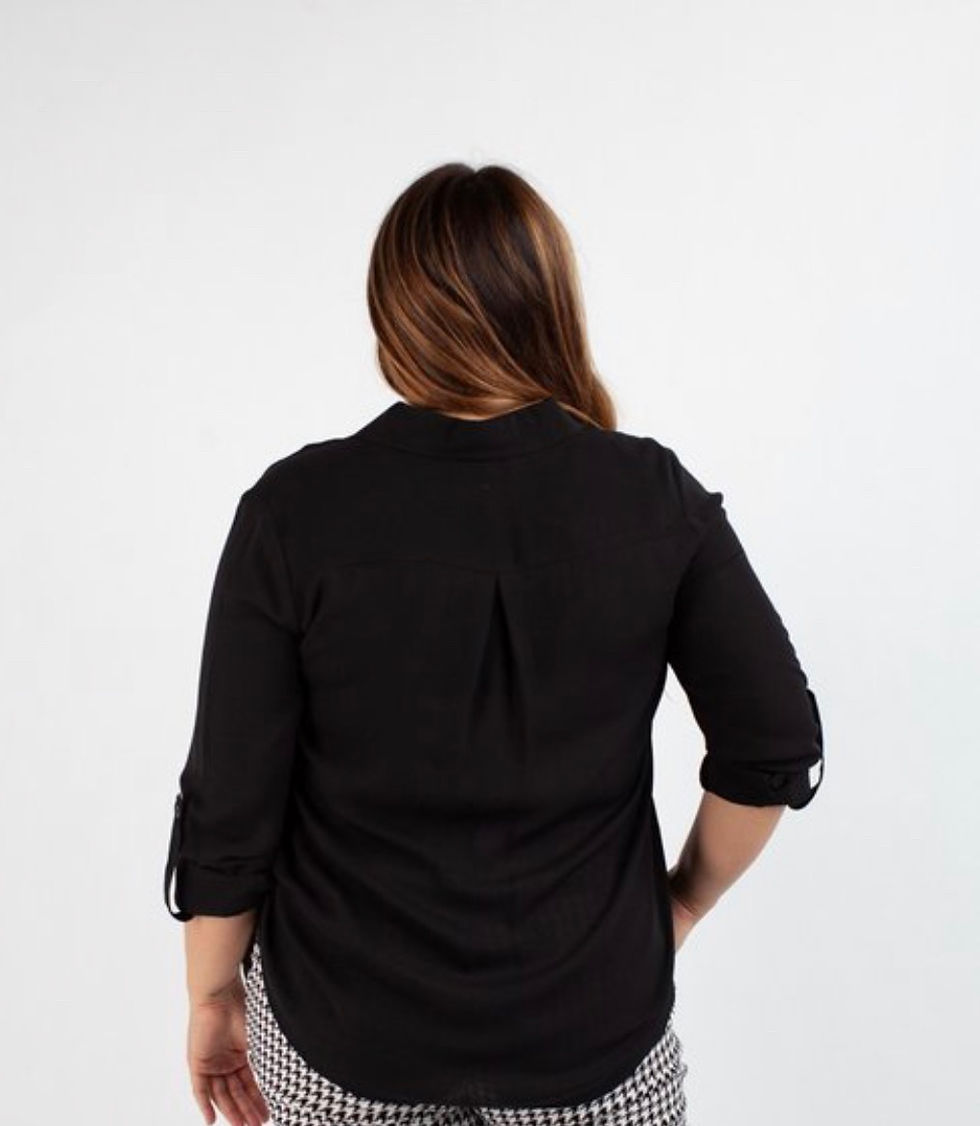 Thumbnail: Back view of a black semi sheer blouse on a model