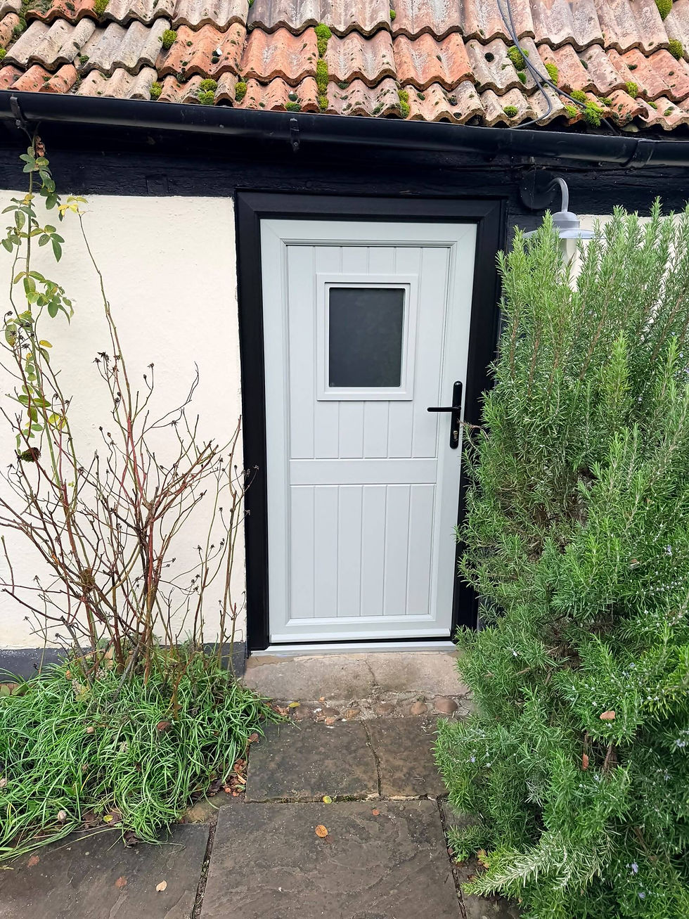 A modern light gray back door with a small square window, framed by black trim and surrounded by lush green foliage
