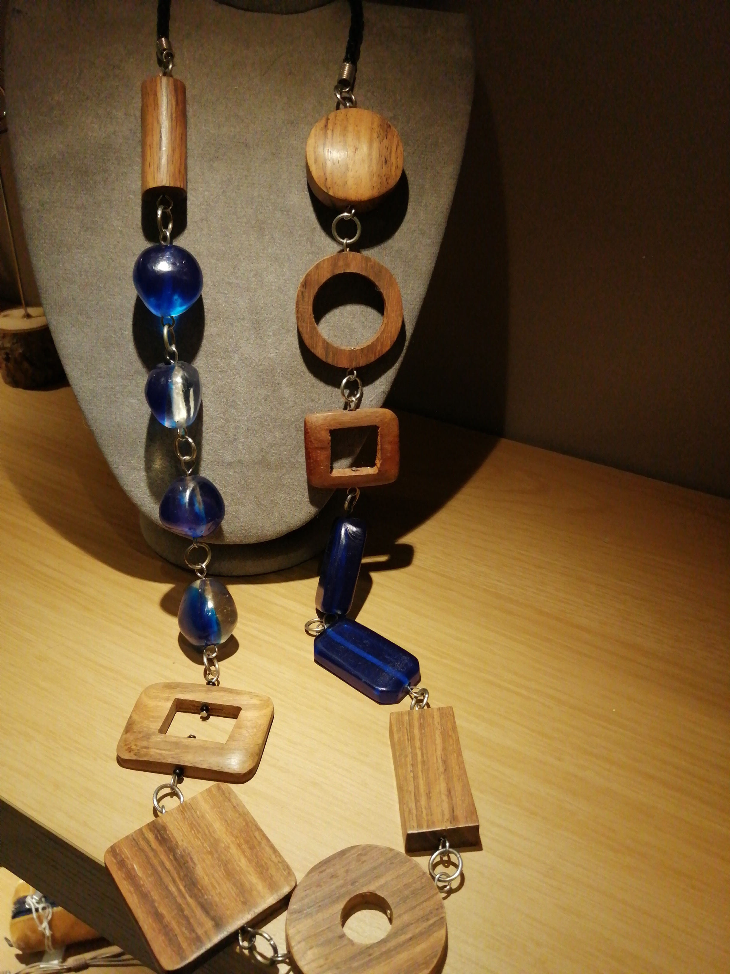 Long wooden and blue bead necklace