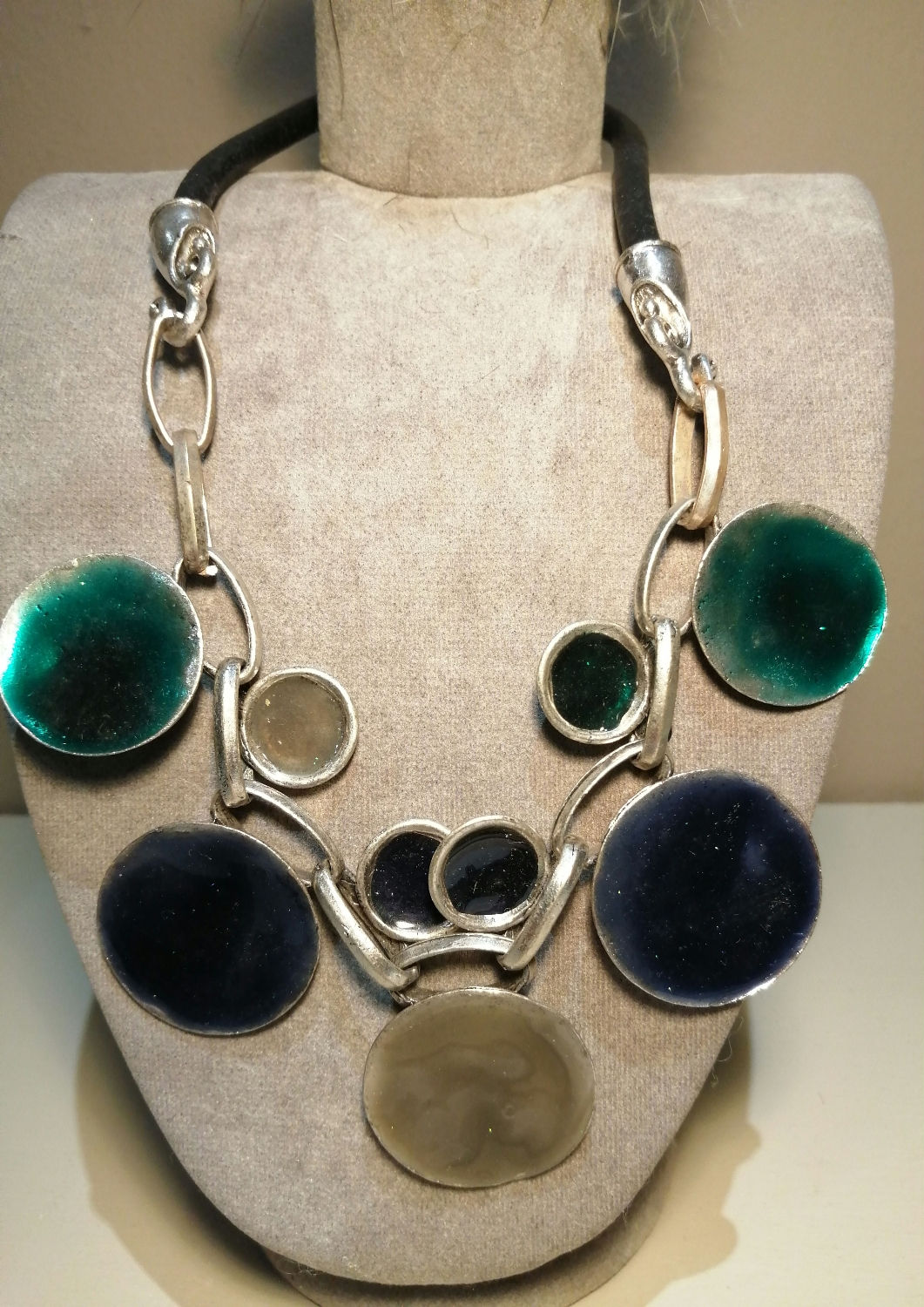 Heavy Blue, Green, Grey Metal Disc Necklace