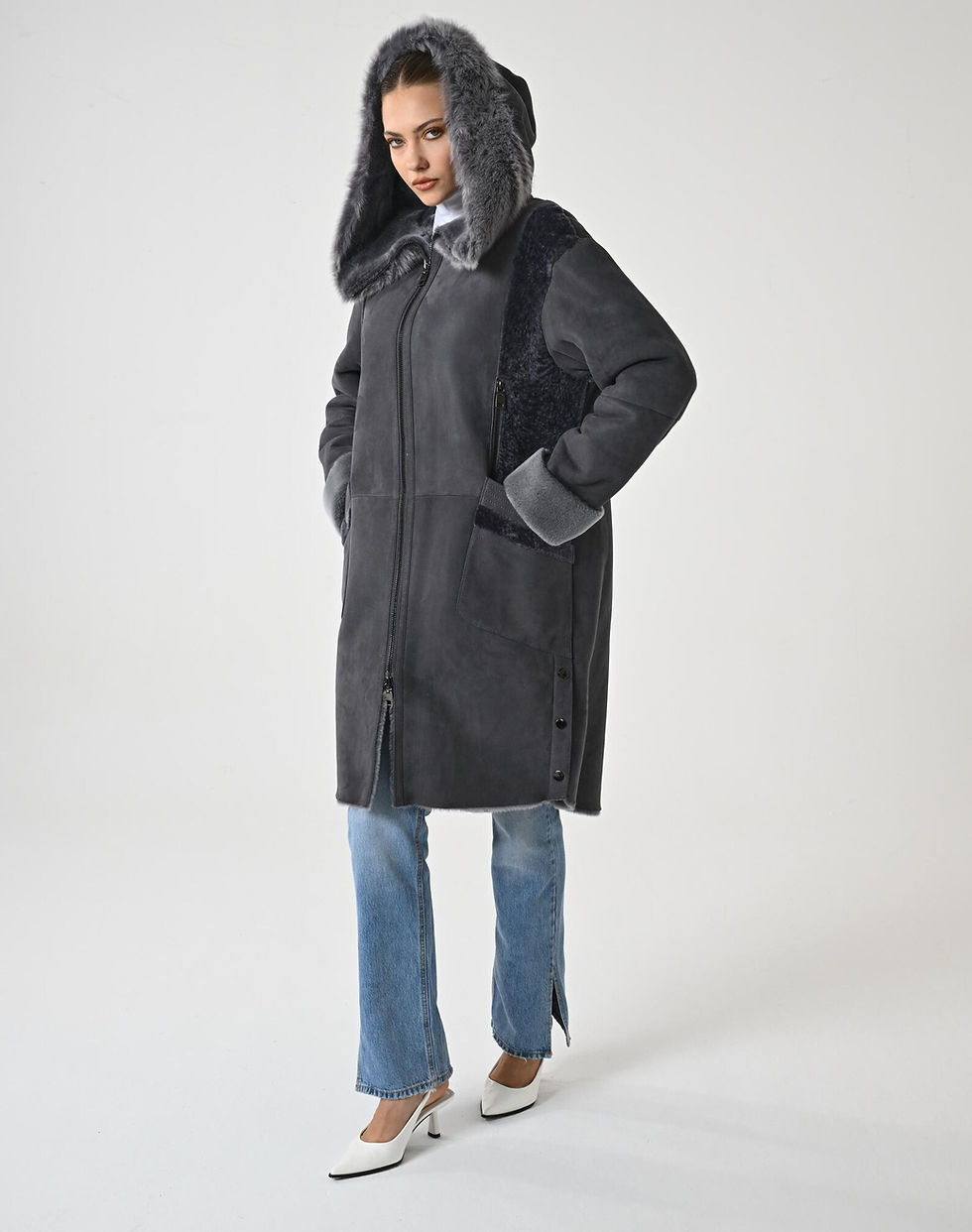 Pikkukuva: Gray Lambskin Women Coat , Genuine Rabbit Fur Trimmed Hood