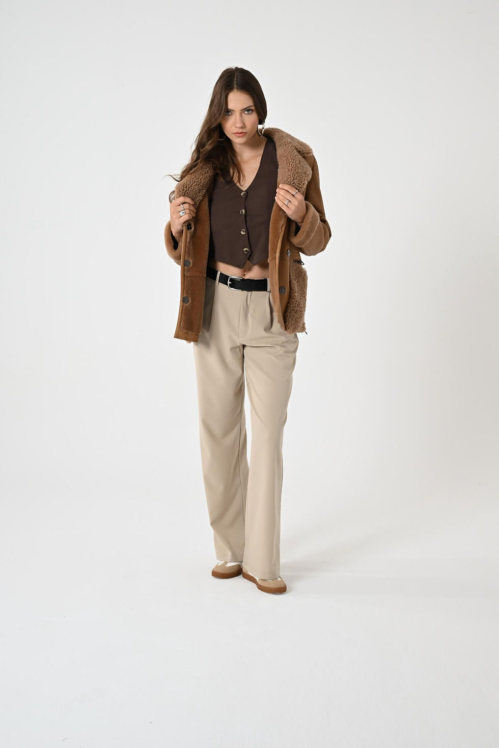 縮圖：Cognac Brown Women Coat Merino Shearling