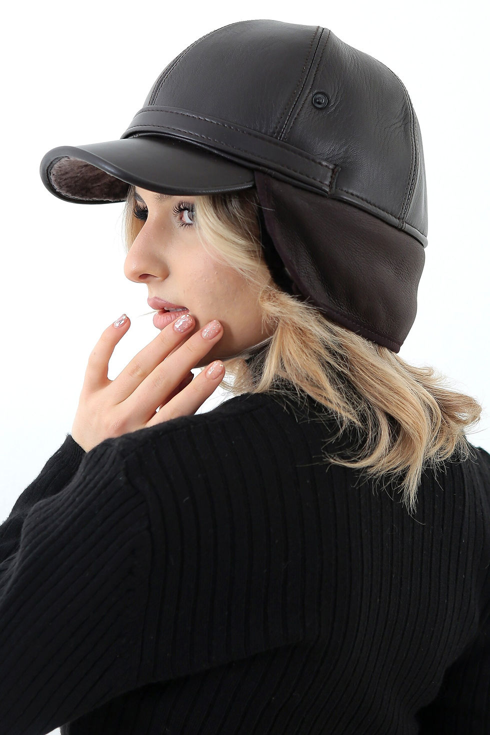 Miniature : Black Lambskin Leather Unisex Hats