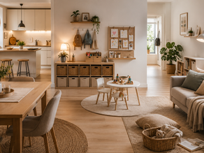 ein nach Zonen organisiertes Wohnzimmer mit viel Ordnung und Gemnütlichkeit.