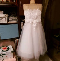 HANDMADE BRIDESMAIAD WHITE LACE TULLE AND SATIN DRESS WITH SILVER RIBBONS AND BEADS