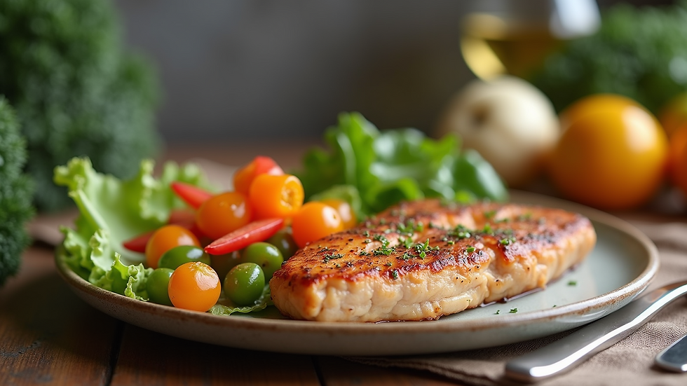 Eye-level view of a balanced meal with vegetables and lean protein