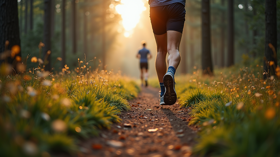 Close-up view of a person jogging on a forest trail