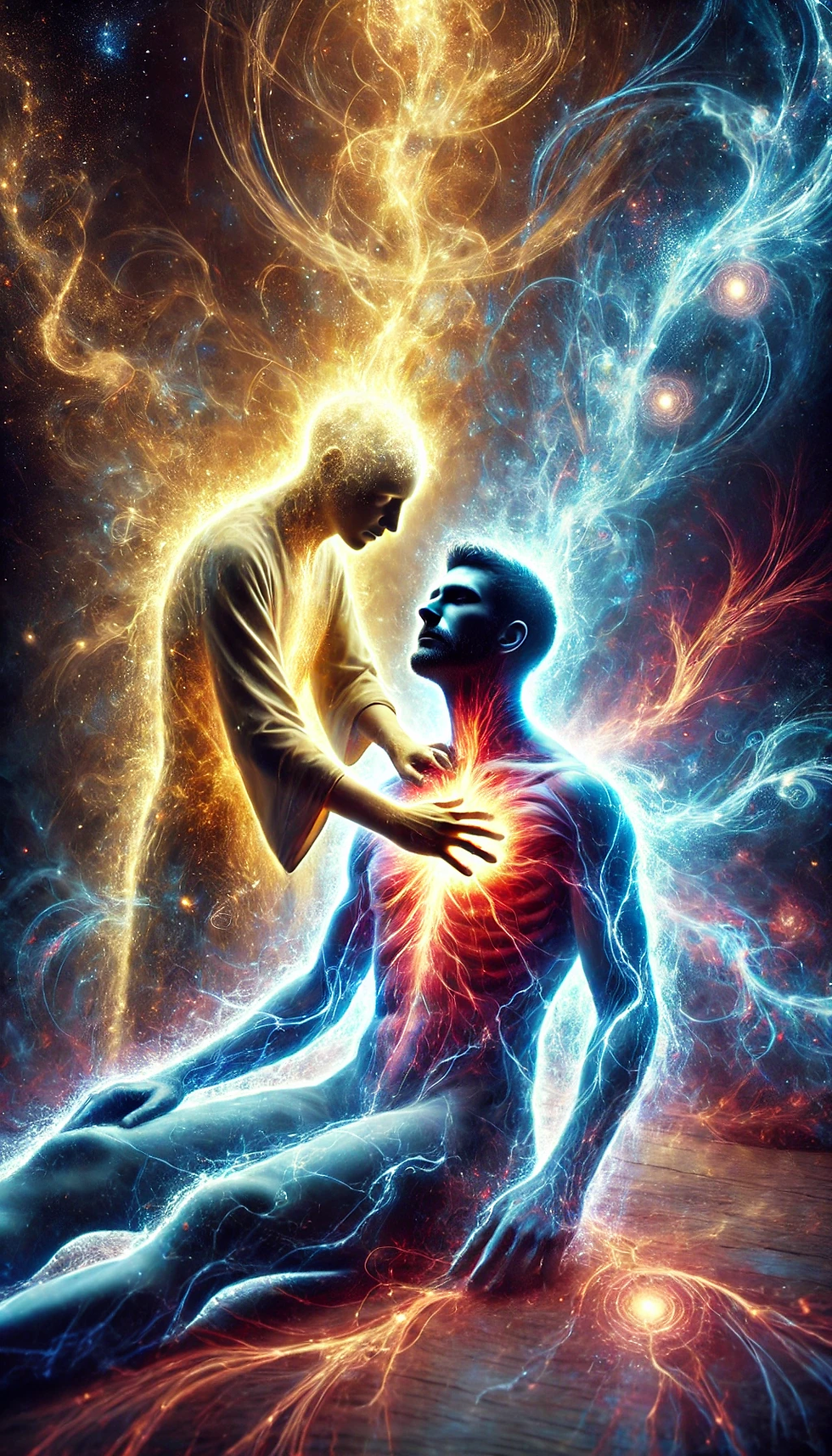 A Reiki practitioner removes dark energy from a client.