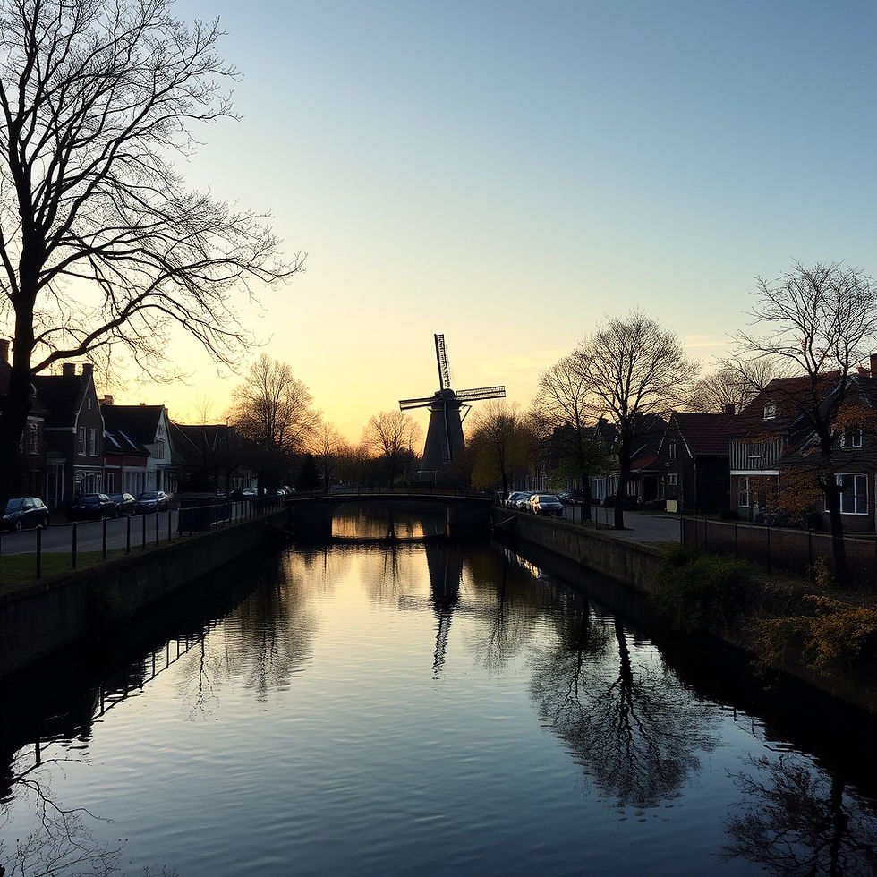 A tranquil autumn evening in the Netherlands, featuring a windmill silhouetted against the fading light and its reflection mirroring in a serene canal, surrounded by quaint village houses and barren trees.