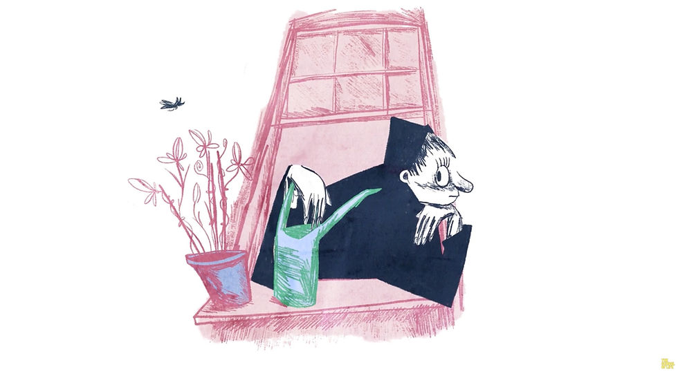 Illustration of a person leaning out of a pink window beside flowers and a green watering can.