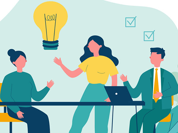 Clip art of two women and one man discussing an idea