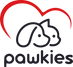 Red heart above dog logo with text of Pawkies. Home. dog therapy Pawkies.