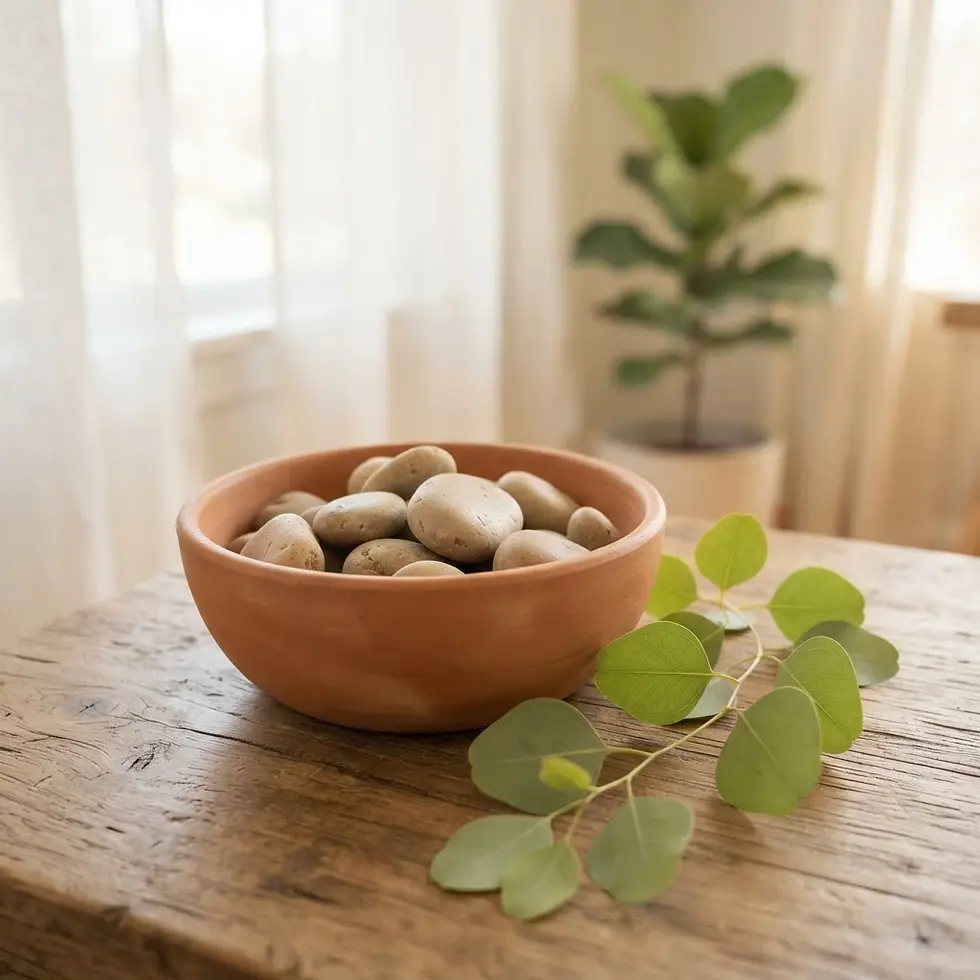 Still life photography of a terracotta bowl filled with smooth stones. A eucalyptus branch rests beside it on a wooden table, creating a serene atmosphere.