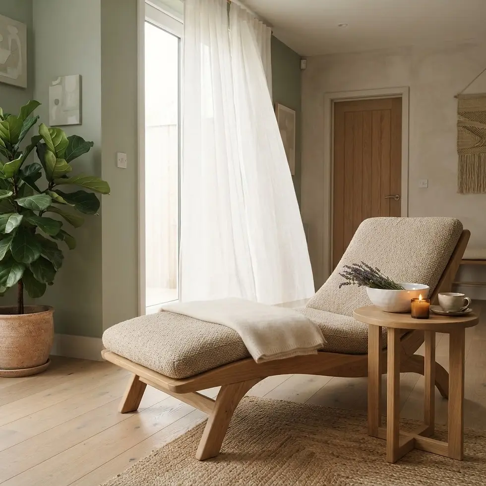 Interior photography of a chaise lounge in a bright, airy room. The scene evokes a sense of tranquility and relaxation, with natural light and calming decor.