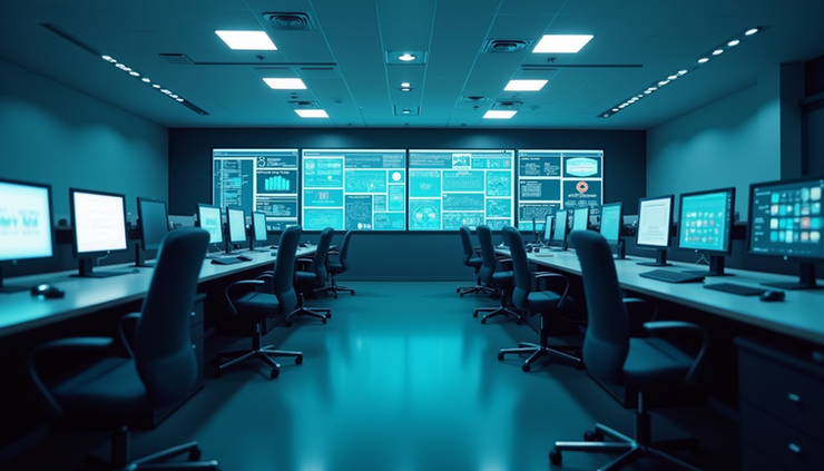 Eye-level view of a hospital IT control room with multiple monitors displaying system status and AI dashboards