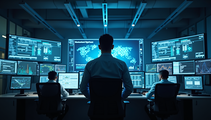 Eye-level view of a city control center with multiple screens showing AI-driven data analytics