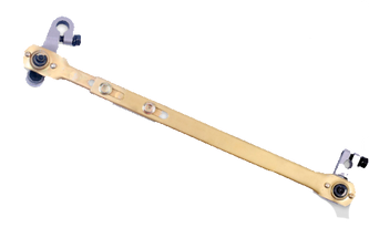 Brazo metálico con conectores y remaches, para faro, sobre fondo negro.