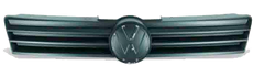 Rejilla delantera Volkswagen con logotipo, marco negro y detalles grises, ARO DE FARO CROMADO.
