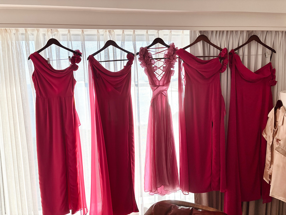 Five pink formal dresses for clothing steaming service