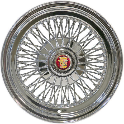 Cadillac knockoff style wire wheels. 72 spokes. Chrome finish. Cadillac medallions.