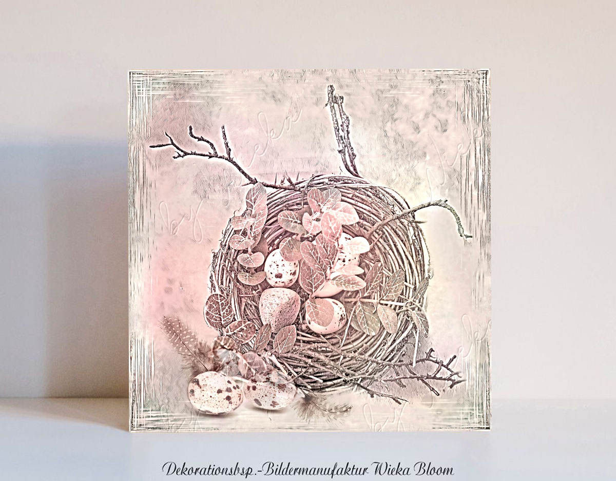 wandbild vogelnest mit eiern federn laub als leinwandbild holzdruck kunstdruck im landhausstil shabbychic vintagestyle kaufen