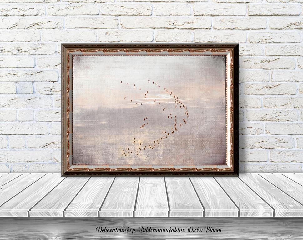 Miniaturbild: kraniche am abendhimmel bild im querformat bilderrahmen, wandbild landhausstil shabby chic vintage style, leinwandbild kunstdruck fineartprint holzdruck, wanddeko handmade günstig online kaufen