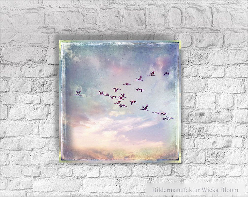 Miniaturbild: Kraniche romantisches wandbild im shabby chic landhausstil wanddeko als leinwandbild auf keilrahmen holzdruck günstig kaufen