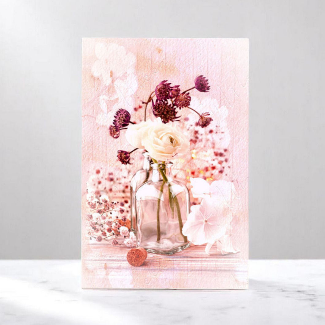 blumen stillleben romanisch wandbild in pastellfarben rosa als holzdruck