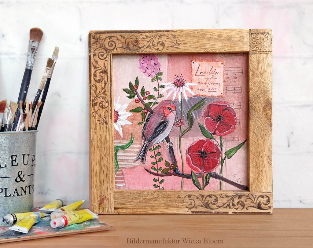 Vogel auf roten blumen wandbild collage handgemalt unikat, upcycling holz papier pappe, wanddeko shabby landhausstil kaufen