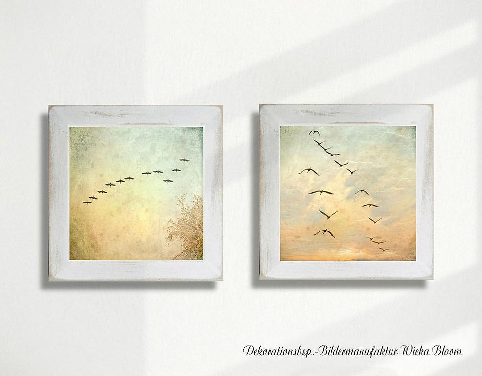 Miniaturbild: Vögel Kraniche Sommertag Set Wandbilder fineartprint im Vintage Style Landhausstil Shabby Chic handmade online günstig kaufen