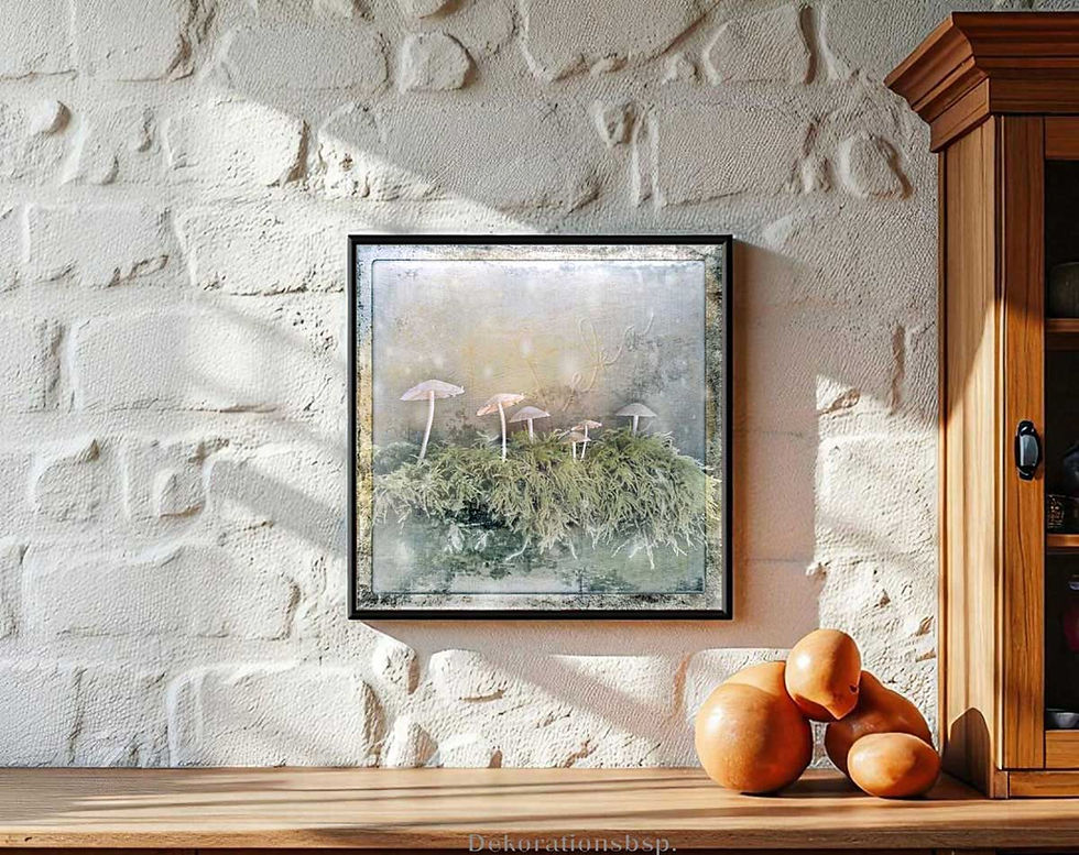 Pilze mushroom auf Moos, Wandbild im Vintage Landhausstil als Kunstdruck