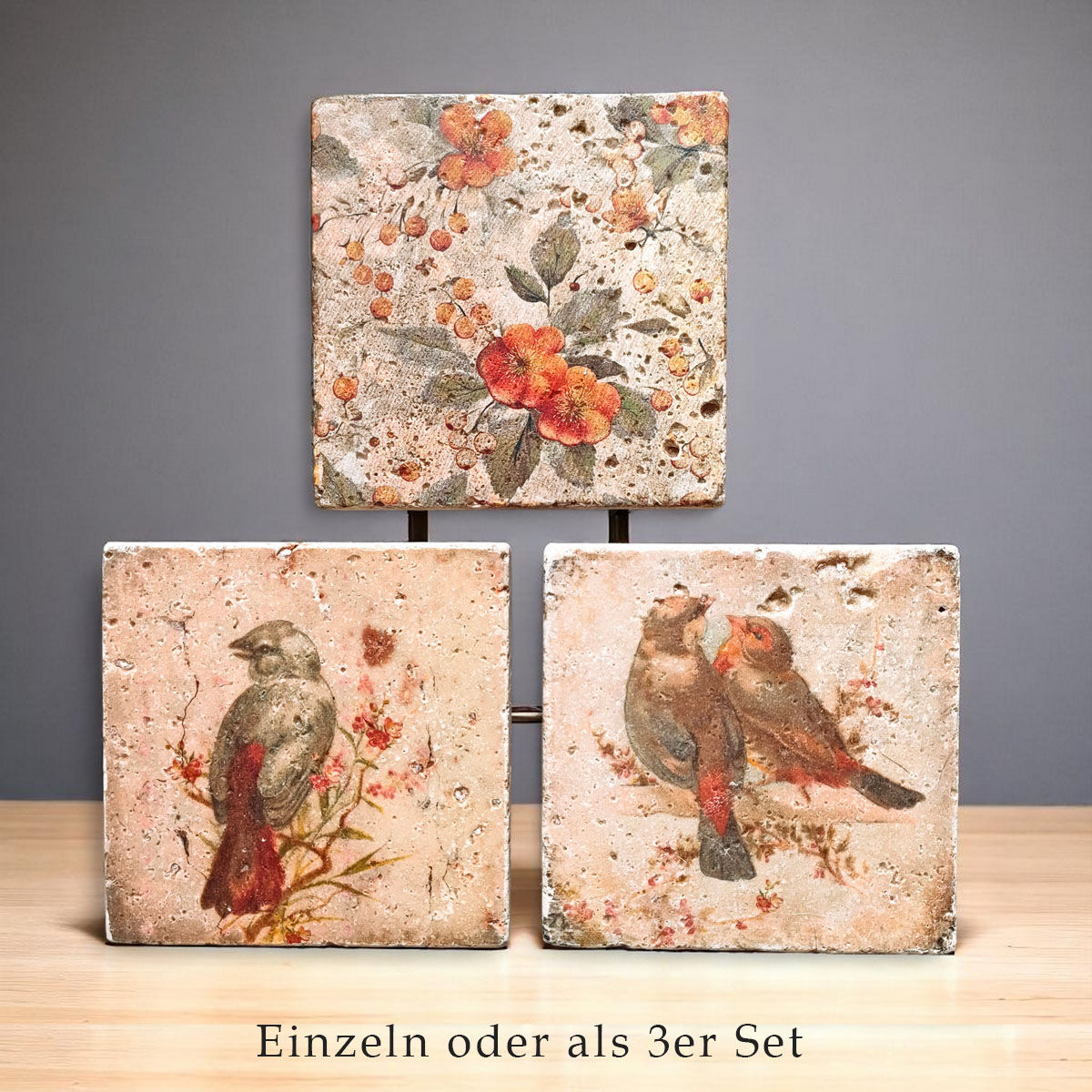 Untersetzer aus Naturstein Travertin,  BIRDS & FLOWERS, Dekofliese Kachel
