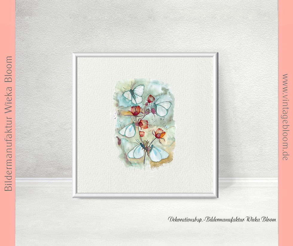 fineartprint mini aquarell miniatur minibild handgemalt schmetterlinge auf blueten