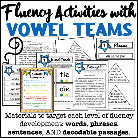 Blog post that explains and describes a growing bundle of hands-on materials for building reading fluency. The post showcases a new product that focuses on vowel teams.