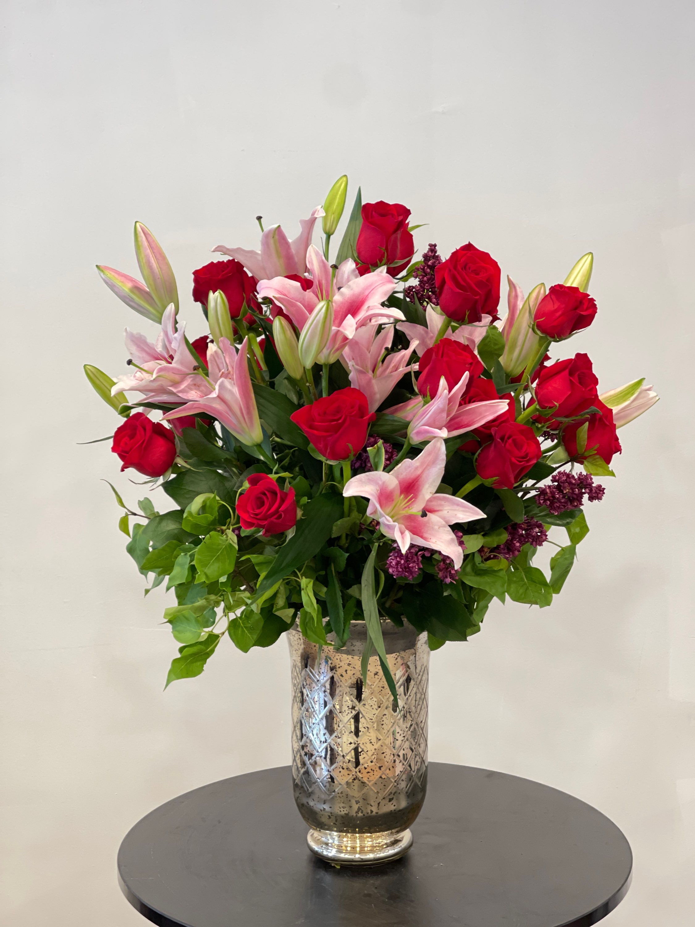 Beautiful arrangement of Red Long Stem Rose with Pink Lily