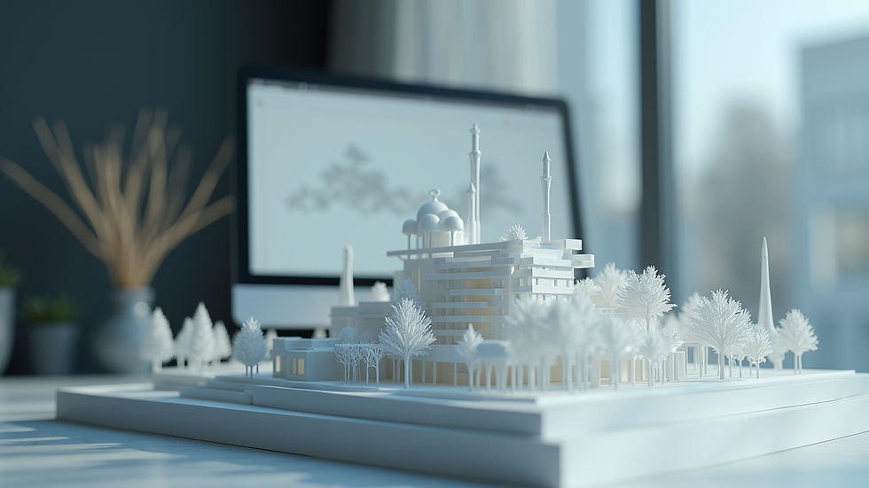 Close-up view of a 3D architectural model on a computer screen