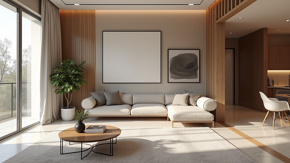 Eye-level view of a modern luxury home interior with 3D design elements