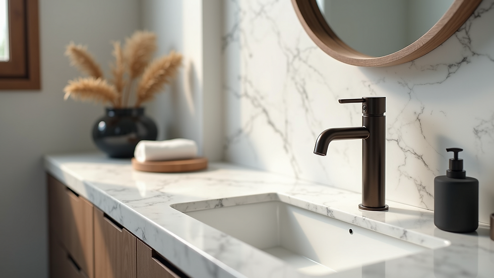 Close-up of elegant bathroom vanity with marble countertop and modern faucet
