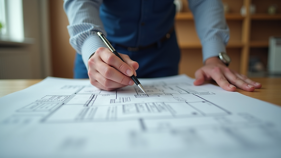 Close-up view of a contractor reviewing renovation blueprints on a table