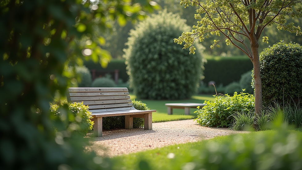 Eye-level view of a tranquil garden space with a bench