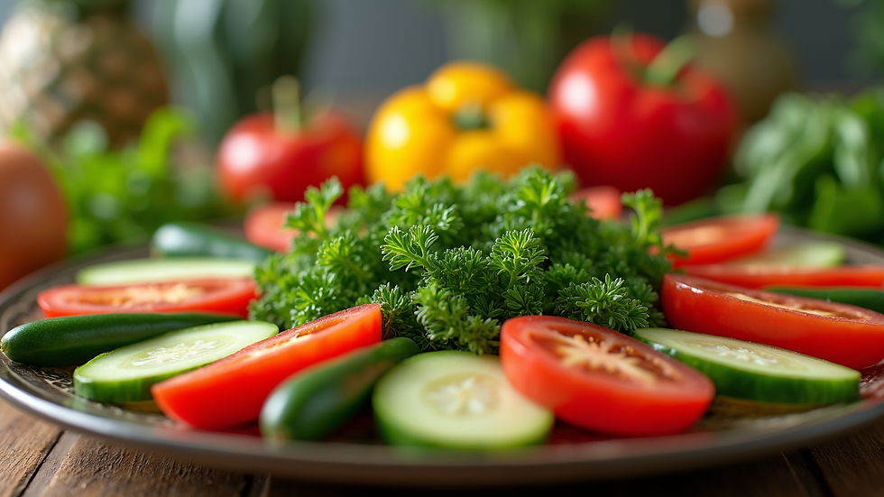 Close-up view of a colorful vegetable platter with herbs