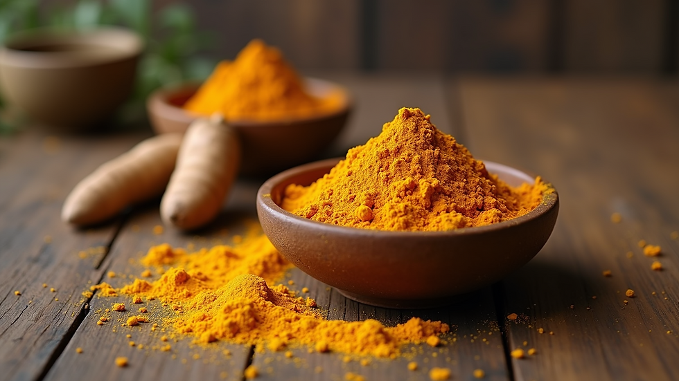High angle view of turmeric powder in a small bowl on a rustic table
