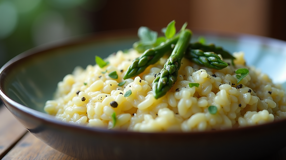 Close-up view of a creamy asparagus risotto in a bowl