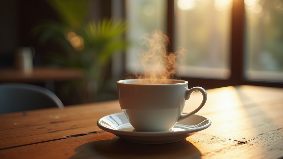 Eye-level view of a steaming cup of herbal tea on a wooden table