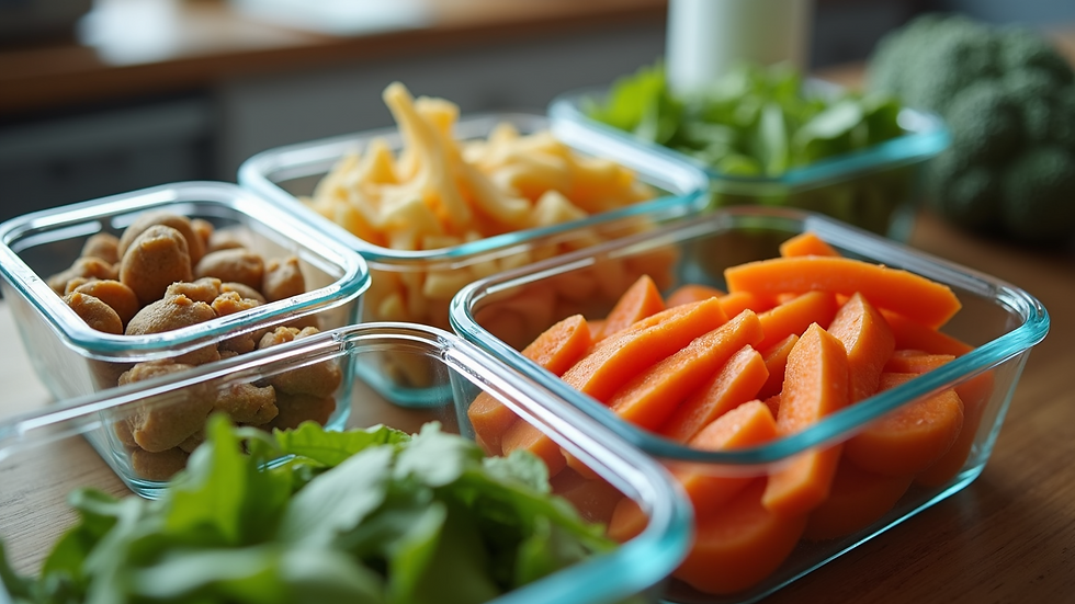 High angle view of a neatly organized meal prep setup in glass containers