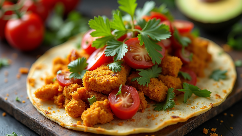 Close-up view of a vibrant jackfruit taco topped with fresh vegetables