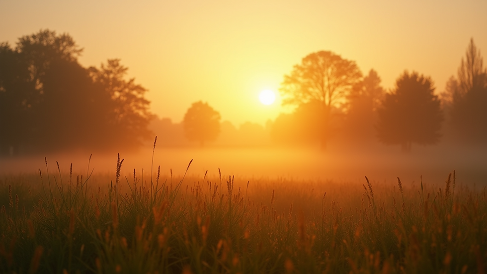 Eye-level view of a serene morning landscape with a sunrise
