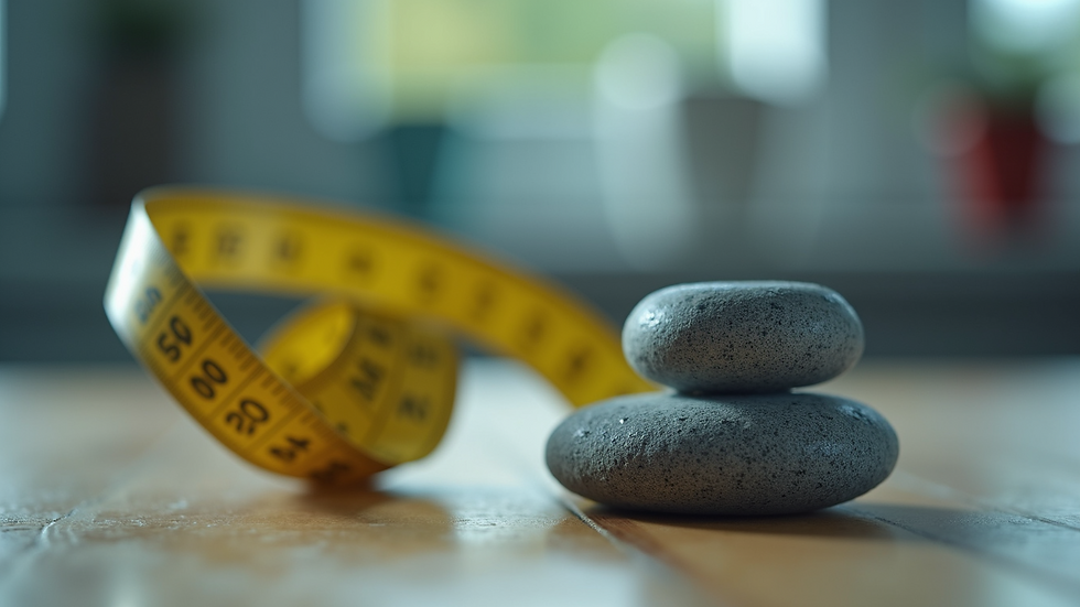 Close-up view of a measuring tape and weights